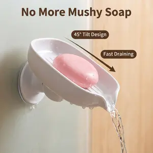 No Drill Wall Mount Soap Dish With Powerful Suction Cup, 45° Tilt Design Fast Draining Soap Holder, No More Mushy Soap Bathroom Storage Organizer