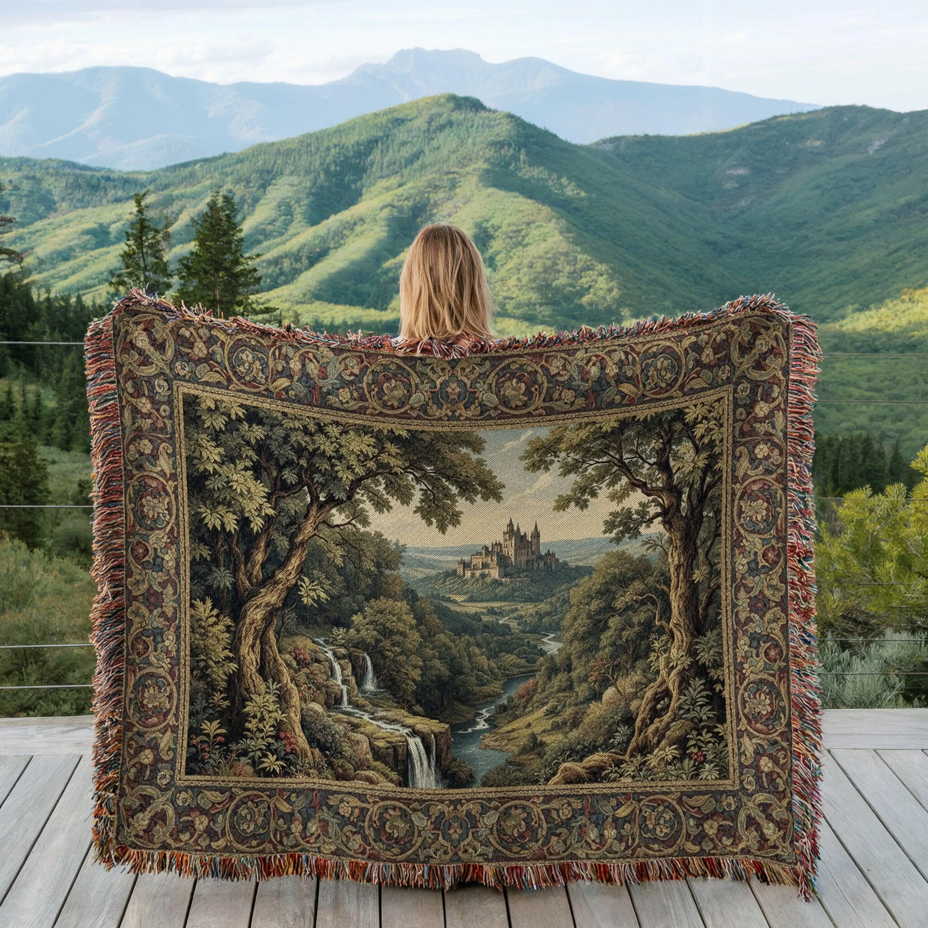 Medieval Castle Woven Blanket: Cotton Vintage Tapestry Throw, Fantasy Home Decor