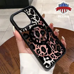MagSafe Case Compatible with iPhone 17 16 E Pro Max 15 Plus 14 13 12 11 Air Black - White Leopard Lure Clear Acrylic Back Drop Protection Pocket-Friendly Cellphone Cover Gift for Girl