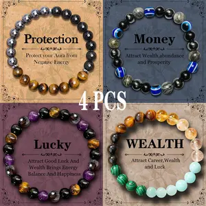 Lucky Bracelet 4 pcs set,Colorblock Beaded Crystal Bracelet,Natural Citrine, Malachite,Money Attraction Bracelet,Brings Self-esteem first bracelet,Unisex Jewelry Gift glass beads,protection bracelet