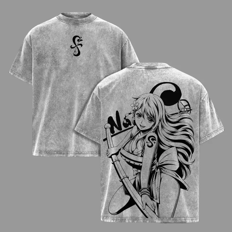 Unisex Oversized Vintage Nami Graphic Tee - Washed Heavy Cotton Anime Shirt, Double-Sided Japanese Weeb Merch, Retro Acid Wash Y2K Streetwear Top, Pirate Lightning Girl Wano Kunoichi Gift for Men Women