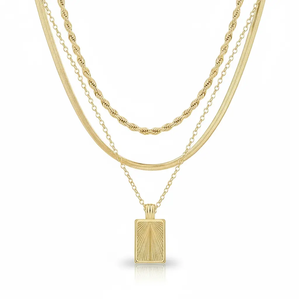 14K Gold Plated Stackable Necklace | Twisted + Herringbone Layers | Unisex Style | Trending Jewelry