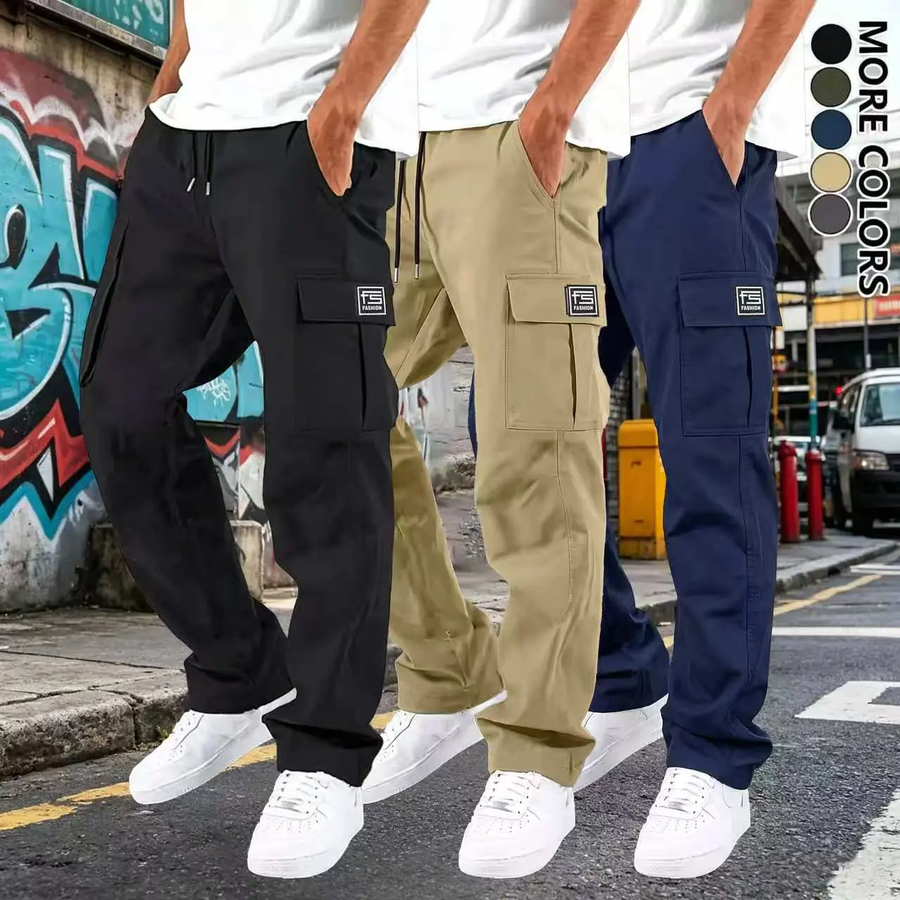 Men's Plain Straight Fit Cargo Pants in Durable, Wrinkle-Resistant Polyester with Multiple Pockets for Casual Work Wear, Men's Work Pants