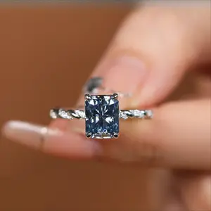 925 Silver Moissanite Ring, London Blue & Light Green Options, Twisted Band with Side Stones, Radiant-Cut Center Stone, Elegant and Eye-Catching Design for Women