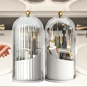 360° Rotating Desk Organizer Transparent Dustproof Anti-Slip with 3 Slots Waterproof Drainage Design for Office Supplies Pens Makeup Brushes & More Perfect Gift for Organizing Enthusiasts Desk Tidy