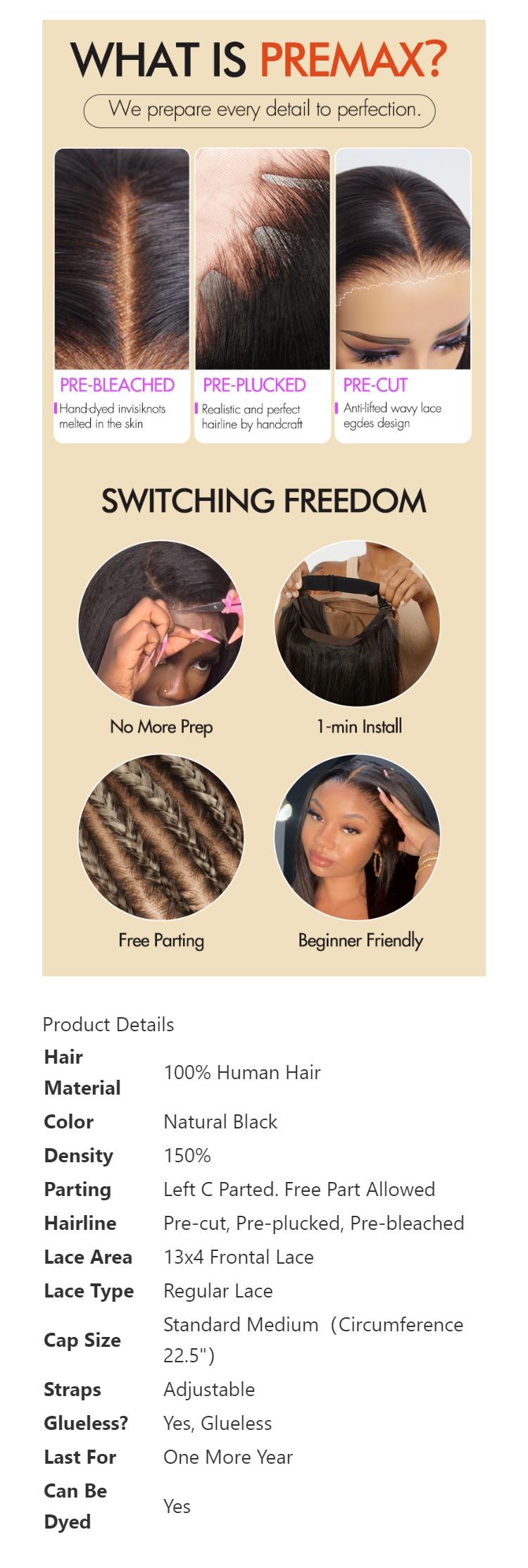 PreMax Wigs | Super Natural Hairline Silky Blunt Cut Glueless 13x4 Frontal Lace Human Hair Short Bob Wig