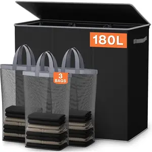 180L Laundry Hamper 3 Section, Extra Large Laundry Hamper with Lid, Dirty Clothes Hamper with Sturdy Handle, Large Laundry Basket Organizer for Laundry Room, Bedroom, Hampers for Laundry  small room organization products