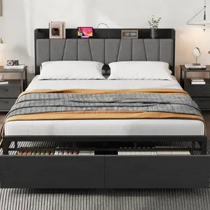Queen Black Upholstered Platform Bed Frame with Tall Headboard Built in Charging Station Sturdy Metal Slats Spacious Storage Drawers on Wheels Easy Assembly