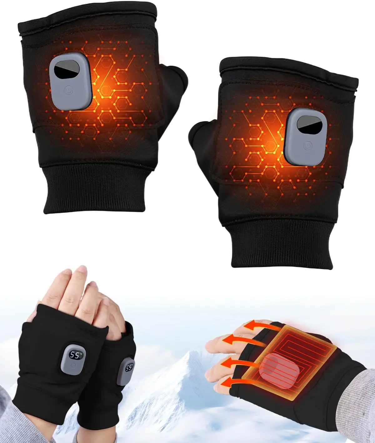 Rechargeable Heated Fingerless Outdoor Sports Gloves for Male & Female, 2026 Upgraded Lycra Microfiber Ambidextrous Hand Warmers with 3-Speed Thermostatic Control, 5V/1A Input, Adults