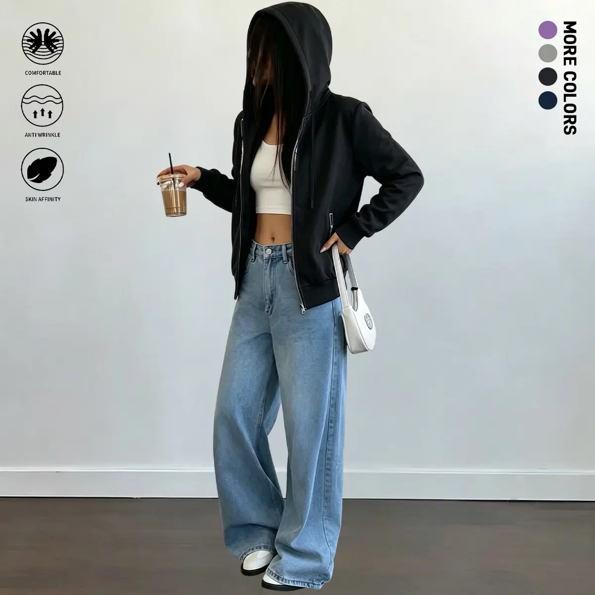 Women’s casual hooded sweatshirt, solid color, zipper design, suitable for everyday wear and casual sports; autumn women’s apparel, women’s tops
