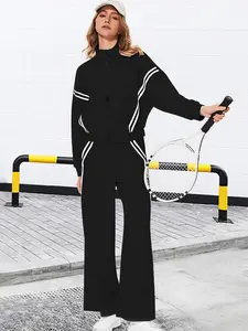 Women's Autumn Striped Printed Sweatshirt Set, Sportswear, Casual Cardigan and Straight-Leg Pants