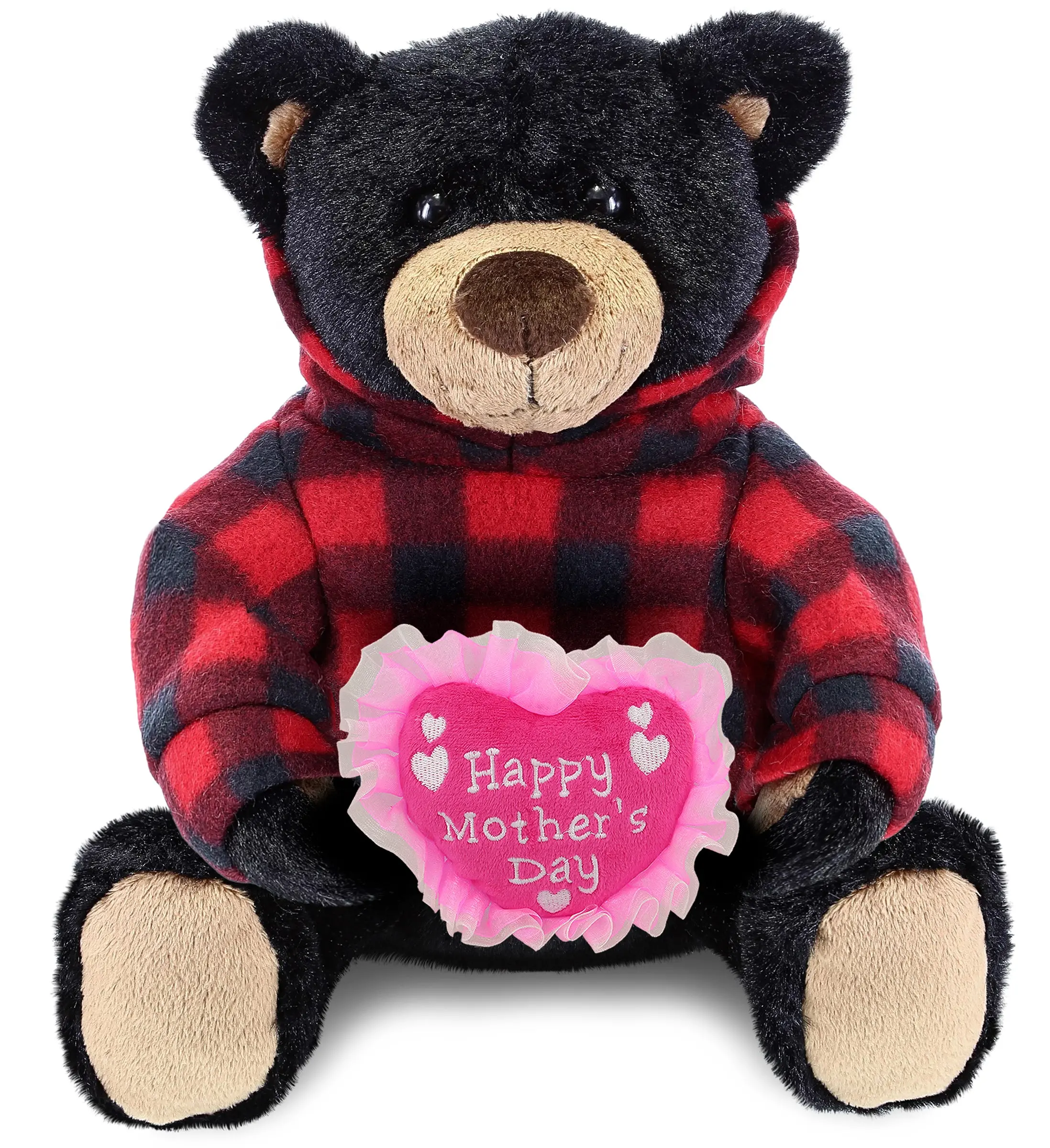 DOLLIBU 10 in Unisex Black Bear Stuffed Toy - Super Soft Polyester, Red Plaid Hoodie, Embroidery Heart Theme, Cute Plush Gift with Happy Mother's Day Message, Includes Gift Box