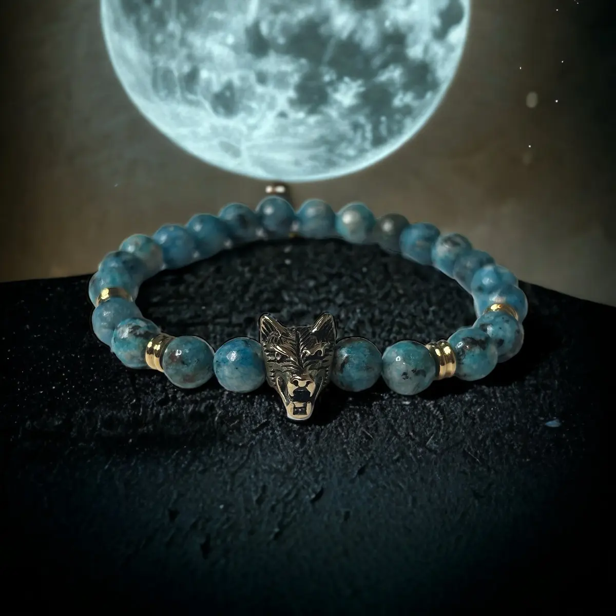 Blue Beaded Gold Wolf Head Bracelet by XYZ Jewelry