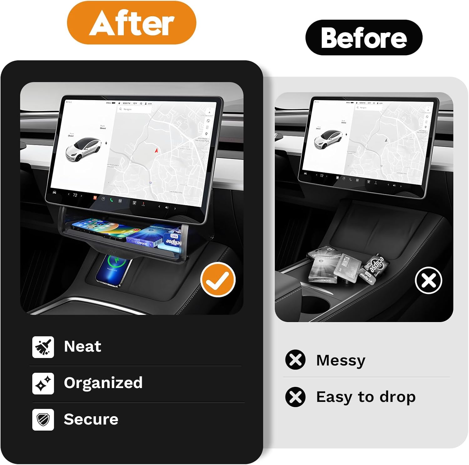 Under Screen Storage Organizer for 2016-2025 2026 Tesla Model Y/Model 3 Accessories (Fit New Model Y Juniper/Model 3 Highland), Hidden Center Console Organizer Tray with Anti-Slip Silicone Pad