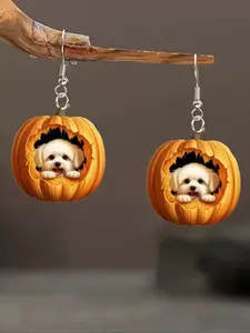 Cute Pumpkin Dog Pendant Earrings, Fashionable Design for Daily Wear, Party, Halloween Gift Idea, Perfect for Family & Friends