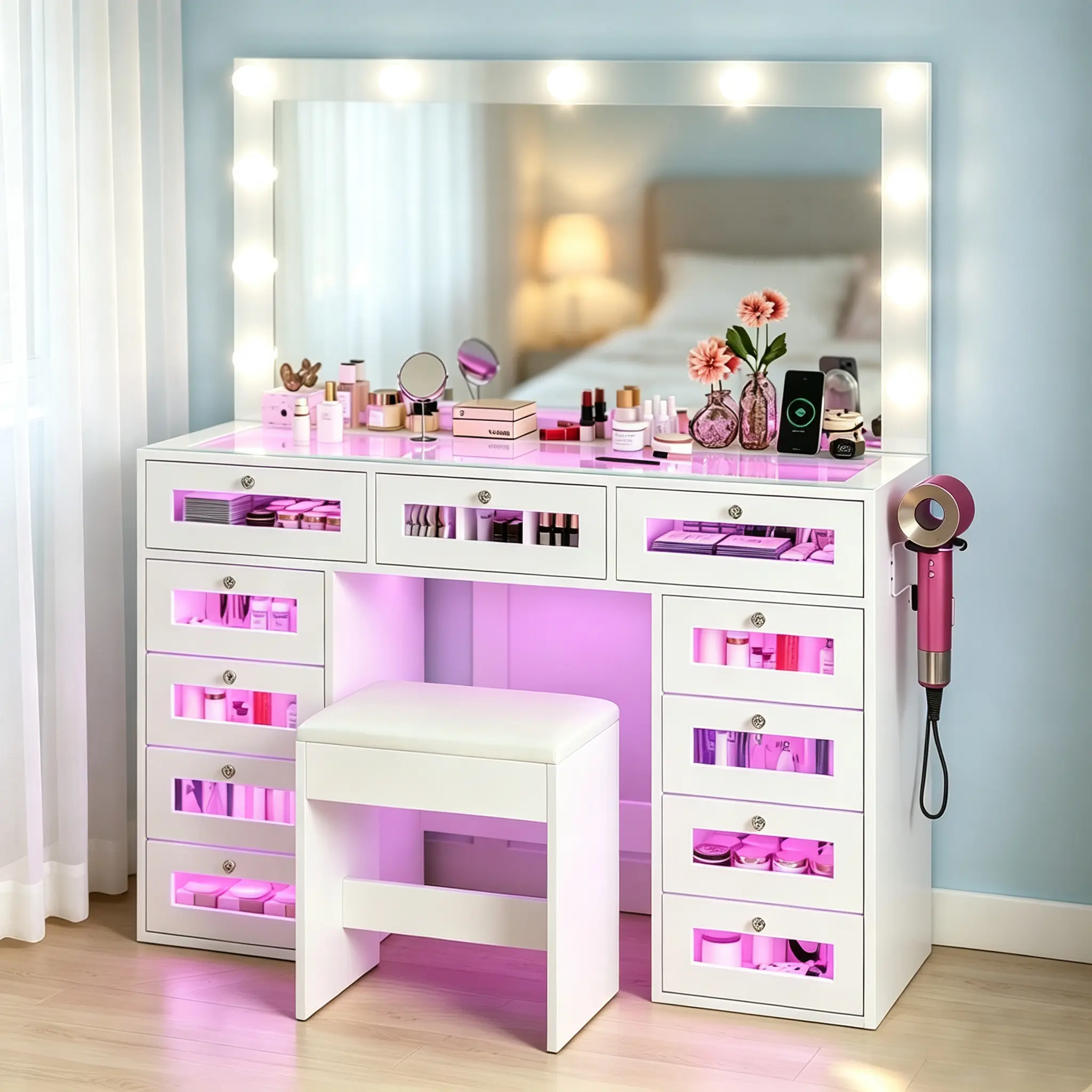 CollaredEagle Vanity Desk with Makeup Mirror, Makeup Organizer and Storage Table, LED Lighted Vanity Table, Bedroom Vanity, Dorm Room Vanity, Modern Vanity Furniture for Daily Grooming