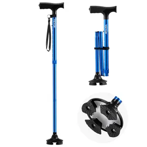 VEVOR Walking Cane for Man Woman, Folding Walking Stick with 8-Level Adjustable Height and 4-Pronged Pivoting Base, Lightweight & Portable Aluminum Mobility Aid for Senior Adult, 250LBS Loading (Blue