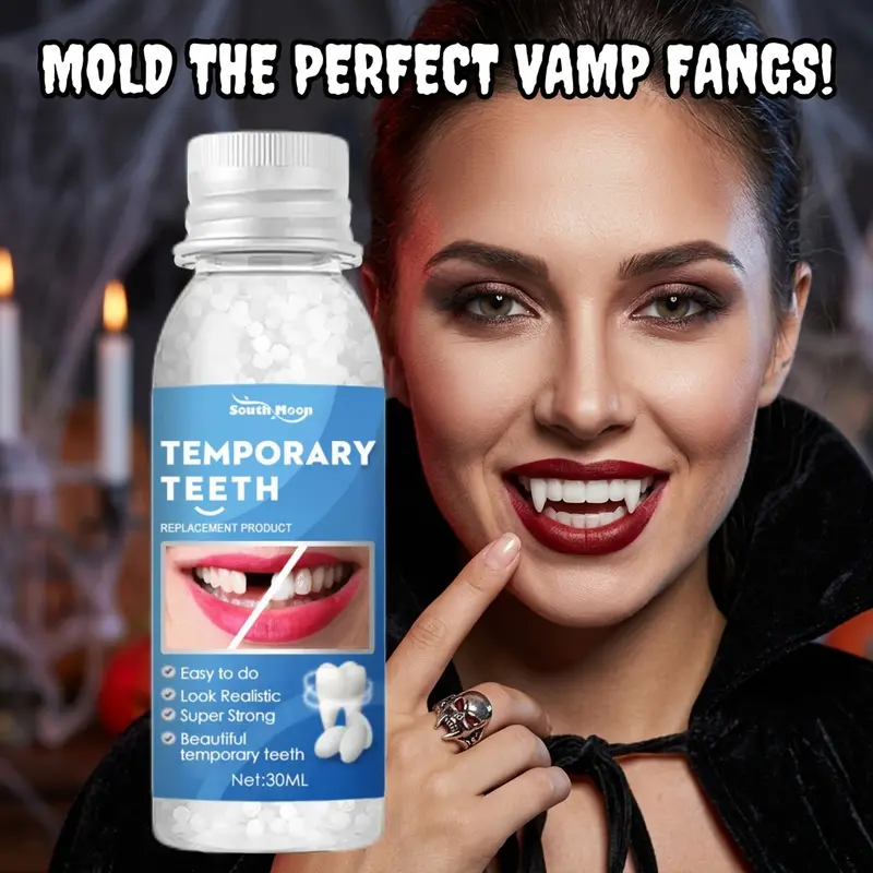 Moldable Cosmetic Dental Gel Denture Kit - 1pc 30ml Lightweight Oral Solution, Beautiful Temporary Teeth for Cavities, Filling, Broken Teeth Replacement, Easy to Do Halloween DIY Fangs Makeup Accessory