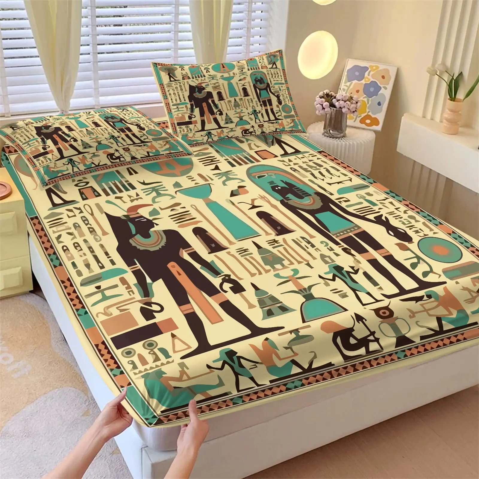3Pcs Ancient Egyptian Hieroglyphics Fitted Sheet Set No Fillers, Pharaoh Gods Print Bed Sheet Set, Vintage Tribal Bedding Set with Pillowcases, Deep Pocket Bedding for Adults Bedroom & Cultural Lovers