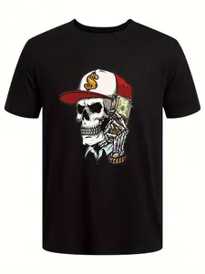 Men's Skull and Money Graphic T-Shirt | Short Sleeve Crew Neck Casual Streetwear Tee, Vintage Gothic Aesthetic, Hip Hop Oversized Top, Summer Fashion, Y2K Grunge Style
