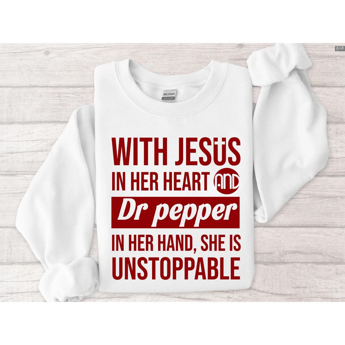 Women’s Cotton Classic Crew Neck Heavy Long Sleeve Printed Tops – Foldable Casual Pullover with “With Jesus In Her Heart & Dr Pepper In Her Hand” Christian Quote, Religious Gift