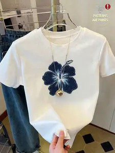 Women's Round Neck Casual Fitted T-Shirt, Faux Denim Print, Street Style Short Sleeve Top, Everyday Versatile Commute Wear, Streetwear, All Seasons