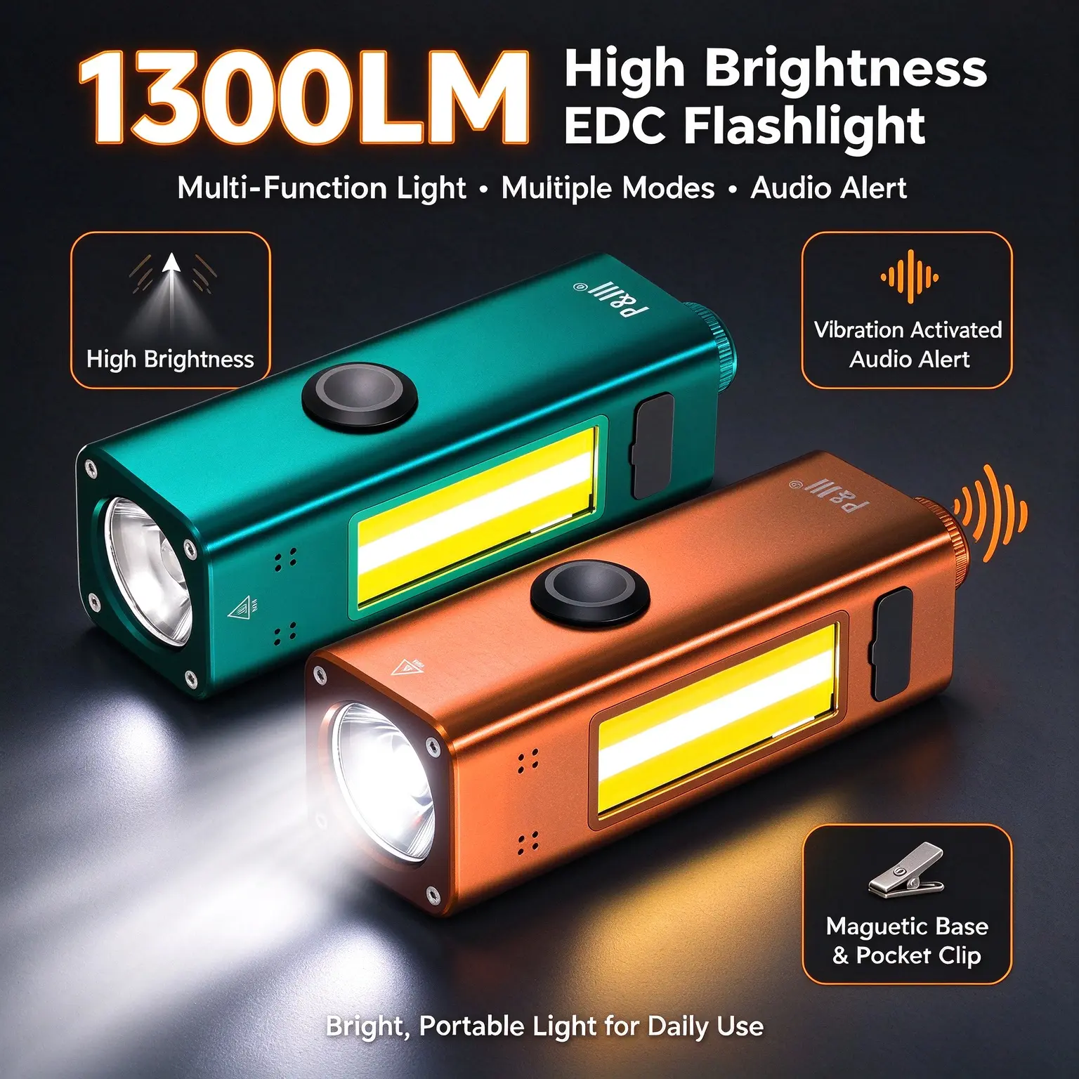 P&lll 1300LM Rechargeable EDC Flashlight with Vibration Triggered Emergency Beep, Side COB Light + UV Inspection Light, Magnetic Base & Pocket Clip for Auto Repair, Home Repair & Outdoor Lighting