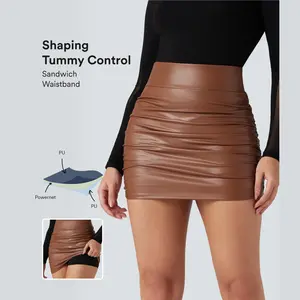 【Creator‘s Pick】High Waisted Tummy Control Ruched Curved Hem 2-in-1 Fleece PU Mini Bodycon Skirt