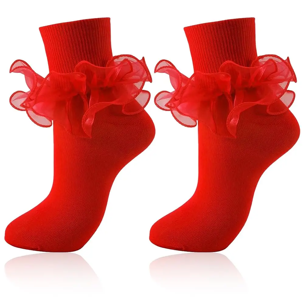 Women's Teenager Double-Lace Ruffle Socks, Breathable Cotton-Blend Turn-Cuff Ankle Dress Socks, Stretchy Frilly Socks for Mary Janes and Everyday Wear