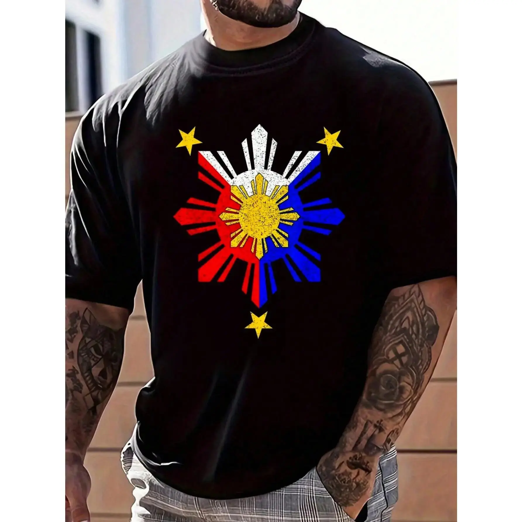 Unisex 100% Cotton Vintage Washed Short-Sleeve Round Neck Philippine Flag Graphic Crew Neck T-Shirt - Casual Summer Vacation Tops