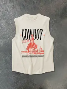 Men's Casual Vest with Trendy Letter Print & Western Cowboy Design, Summer Streetwear, Comfortable Skin-Friendly Fabric Graphic