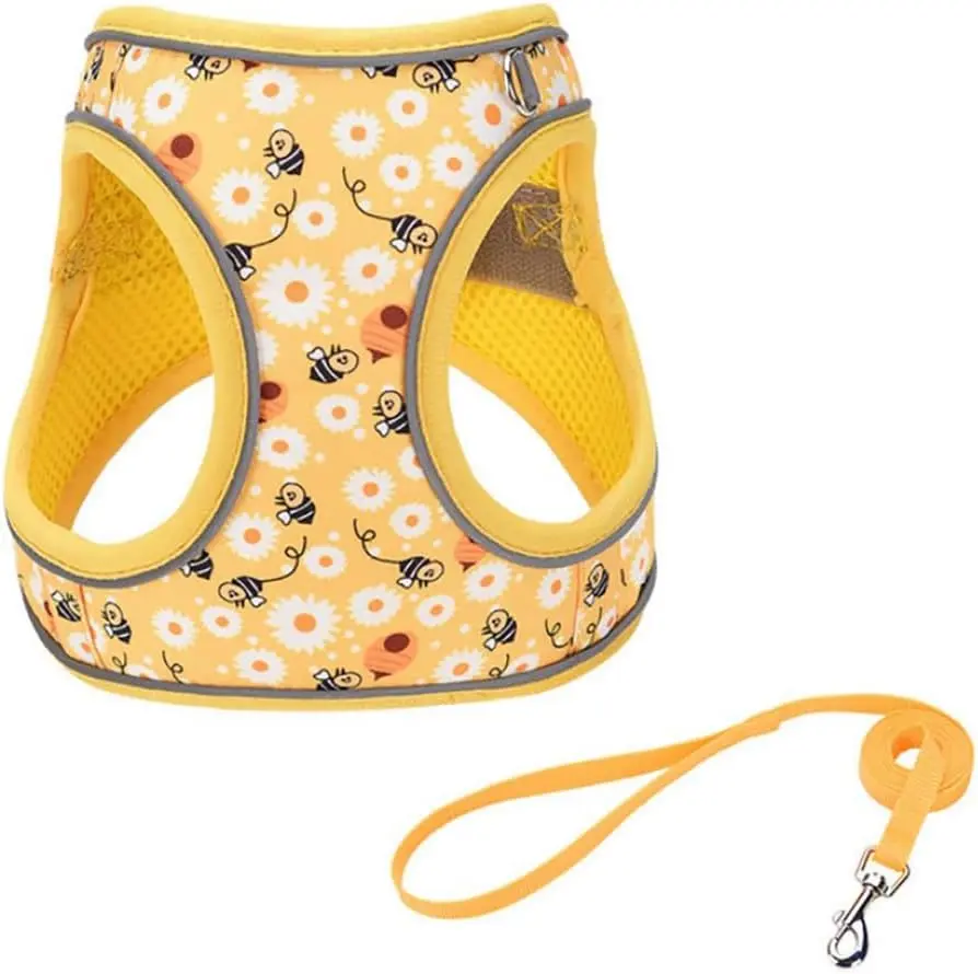 Step in Dog Harness and Leash Set, Flower Adjustable Easy Walk Puppy Harnesses, Soft Mesh Pet Vest Harness Small Size Dog Adjustable No Pull Dog Harness for Small Medium Dogs(Bee, S)