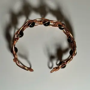 Black Onyx Copper Bracelet with Intricate Wire Wrapping and Beaded Accents for Stylish Accessory