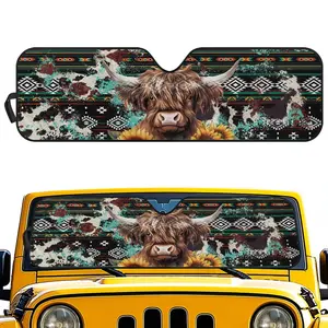 Highland Cow Windshield Sun Shade for Jeep Wrangler JL JK JLU Gladiator, Front Window Foldable Sunshade UV Protection Heat Block Keeps Interior Cool, Cute Farm Animal Jeep Accessories Summer Auto Sun Visor