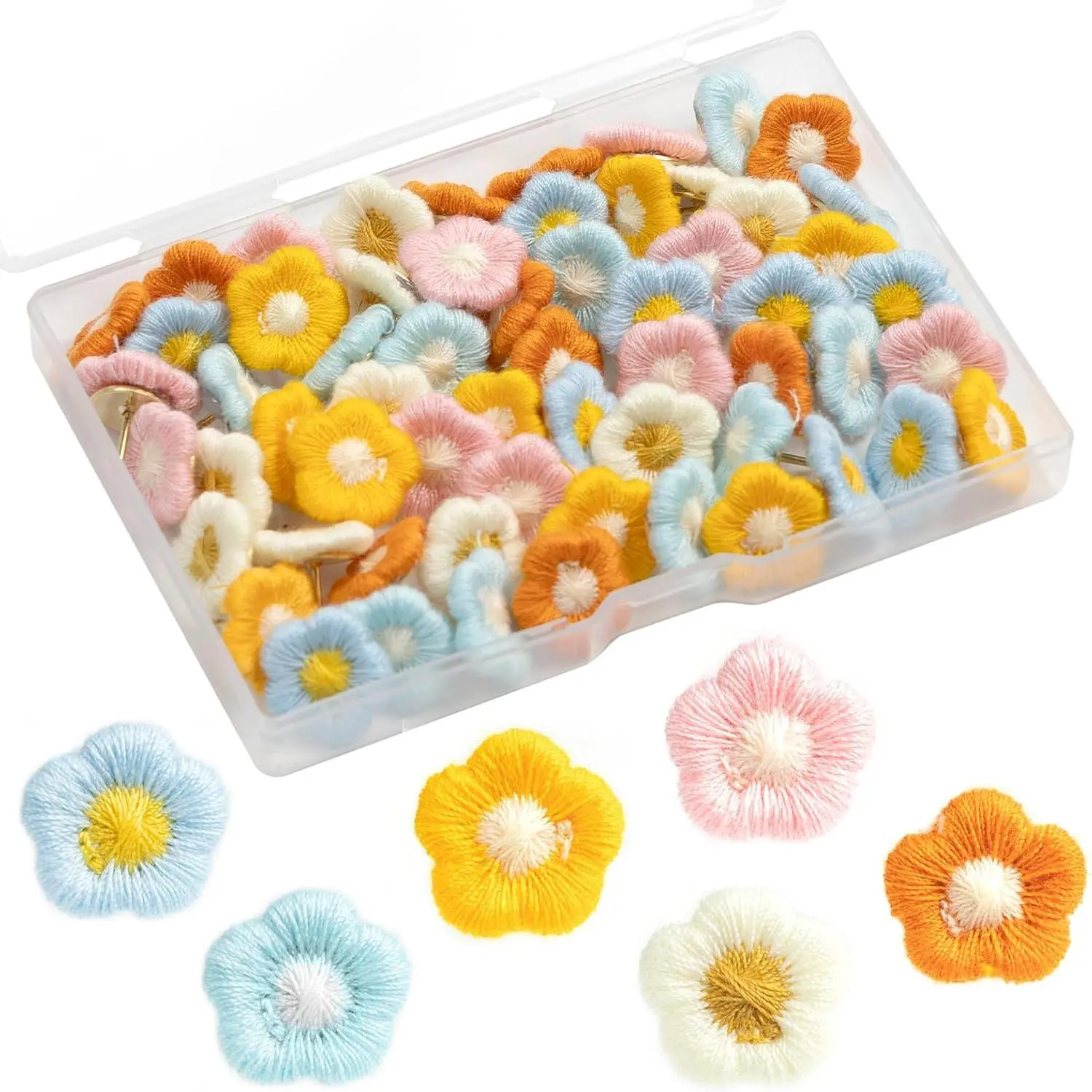 60-Count Durable Synthetic Floral Pushpins - 16mm Diameter, 9.5mm Length, Cute & Colorful Design Sewing Tool Kit Supplies for Teachers’ Cork Boards, Mark Points of Interest, Classrooms