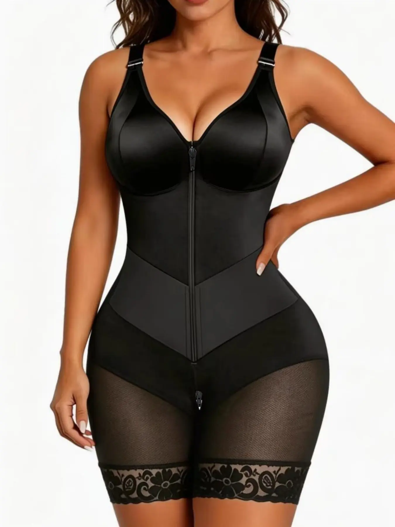 Women's Lace Trim Adjustable Strap Full Body Shaper, Body Shaping Shapewear, Double Compression V Shaped Waist Belt Tummy Control Jumpsuit, Colombian Shapewear, Butt Lifting High Stretch Breathable Bodysuit, Suitable for Daily Outfits & Formal Events