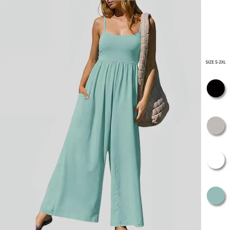 Imily Bela Womens Summer Jumpsuits One Piece Casual Loose Overalls Spaghetti Strap Wide Leg Rompers with Pockets Workout Outfits