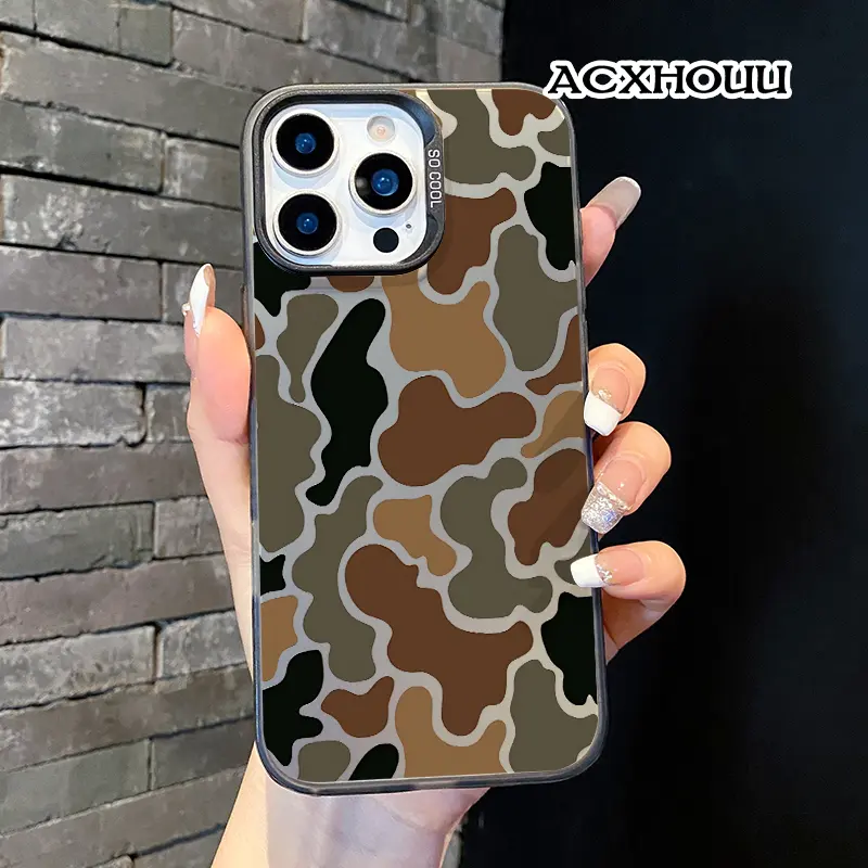 ACXHOUU Earth Tone Camouflage Lanyard Silicone Protective Case for iPhone 17-11, 1.2mm Durable Cover, Non-Slip Full Body Design, Handheld Phone Accessory