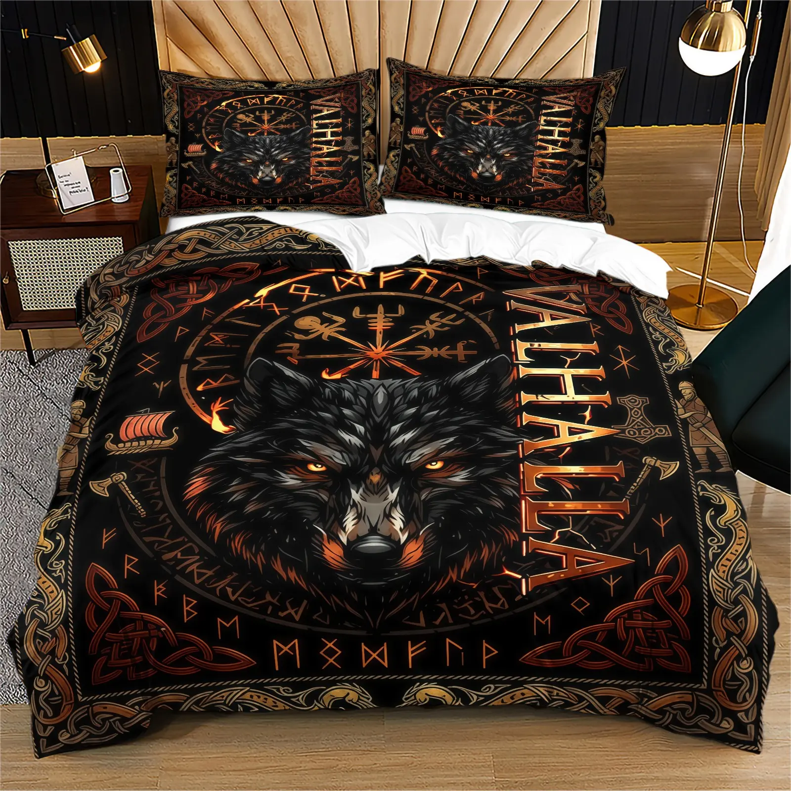 Nordic Hall Of Valor Wolf Theme Quilt Cover Set, Viking Mythology Gothic Style Bedding Set, Decorative Bedding Set (1 Quilt Cover + 1/2 Pillowcase, Not Containing Fillers), Suitable For Men, Gamers, Viking Culture Enthusiasts, Bedrooms, Dormitories