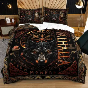 Nordic Hall Of Valor Wolf Theme Quilt Cover Set, Viking Mythology Gothic Style Bedding Set (1 Quilt Cover + 1/2 Pillowcase, Not Containing Fillers), Suitable For Men, Gamers, Viking Culture Enthusiasts, Bedrooms, Dormitories, And Men's Leisure Space Scene