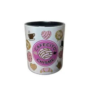 Cafecito y Chisme Mug 11oz with Black Heart Handle - Coffee and Chocolate Design, Ideal for Coffee Lovers - Drinkware, Cup