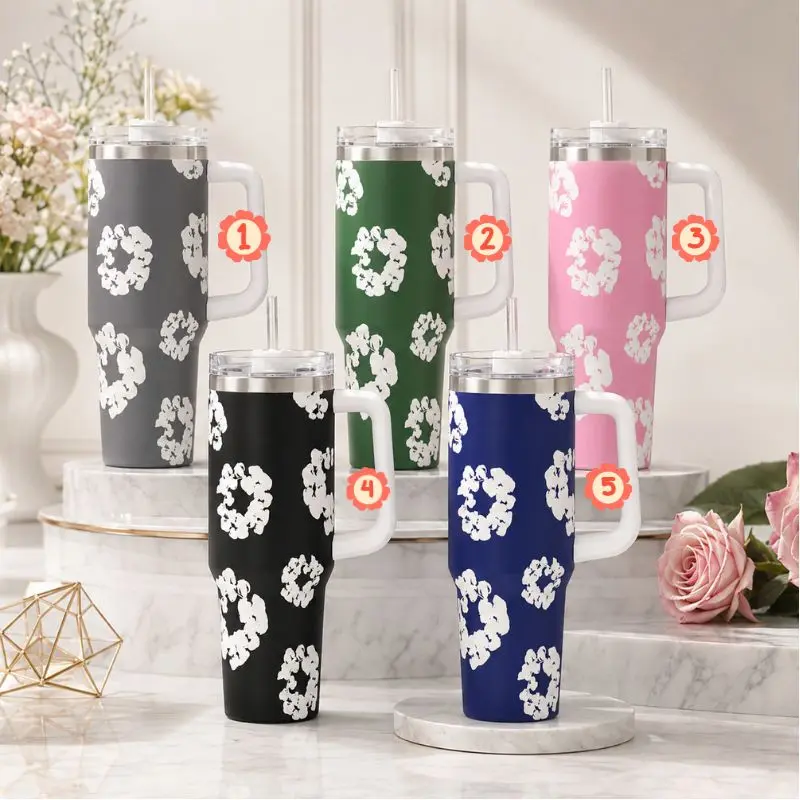 [Gift box and straw] Luxury High-End Parisian Dogtooth Print Pattern 40oz/20oz Tumbler with Handle & Straw, Stainless Steel Double Wall Vacuum Insulated Travel Mug, Luxury Chic Aesthetic Edition, Keeps Drinks Hot & Cold