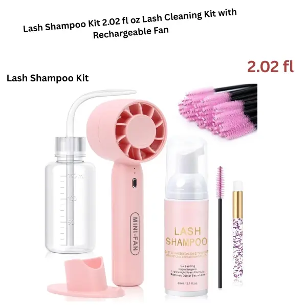 Lash Shampoo Kit 2.02 fl oz Lash Cleaning Kit with Rechargeable Fan Dryer/Brush/Rinse Bottle, Oil-free Cleanser Wash for Extensions