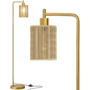66"  Floor Lamp for Living Room, Boho Floor Lamp with LED Bulb, Foot , Rattan Shade, Industrial Tall Farmhouse Standing Lamp for Bedroom, Dining Room, Study Room, Office
