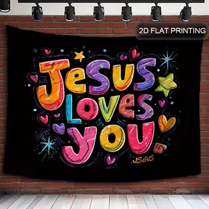 2D Flat, 1pc Jesus Loves You Starry Night Wall Art - Golden & Purple Dots Night Sky Design with Hearts & Stars, Vibrant Multicolor Lettering on Black Background, Backdrop for Home Decor, Parties, Events, Photo Studio Props - No Electricity Needed