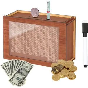 10,000 Savings Challenge Box,Cash Vault Wooden Savings Box,Cash Saver Box,Coin Counter Piggy Bank,Wooden Piggy Bank Coin Bank with Counting Target,Wooden Coin Bank for Boys and Girls