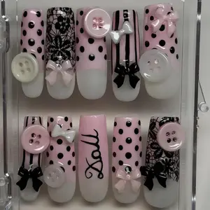 Pink Doll Press-On Nails, 3D Bows & Button Charms, Black Polka Dots and Striped Mix, Glossy Finish, Cute Barbiecore Aesthetic, Handmade Nail Art Set, Girly Fashion Vibes, Perfect Gift for Her