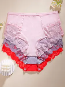 【0XL-5XL】Women's High-Waisted Contrast Lace Lingerie Set, Casual Elegant Panty, 3-Pack Casual Underwear for All Seasons, Comfortable & Skin-Friendly Design