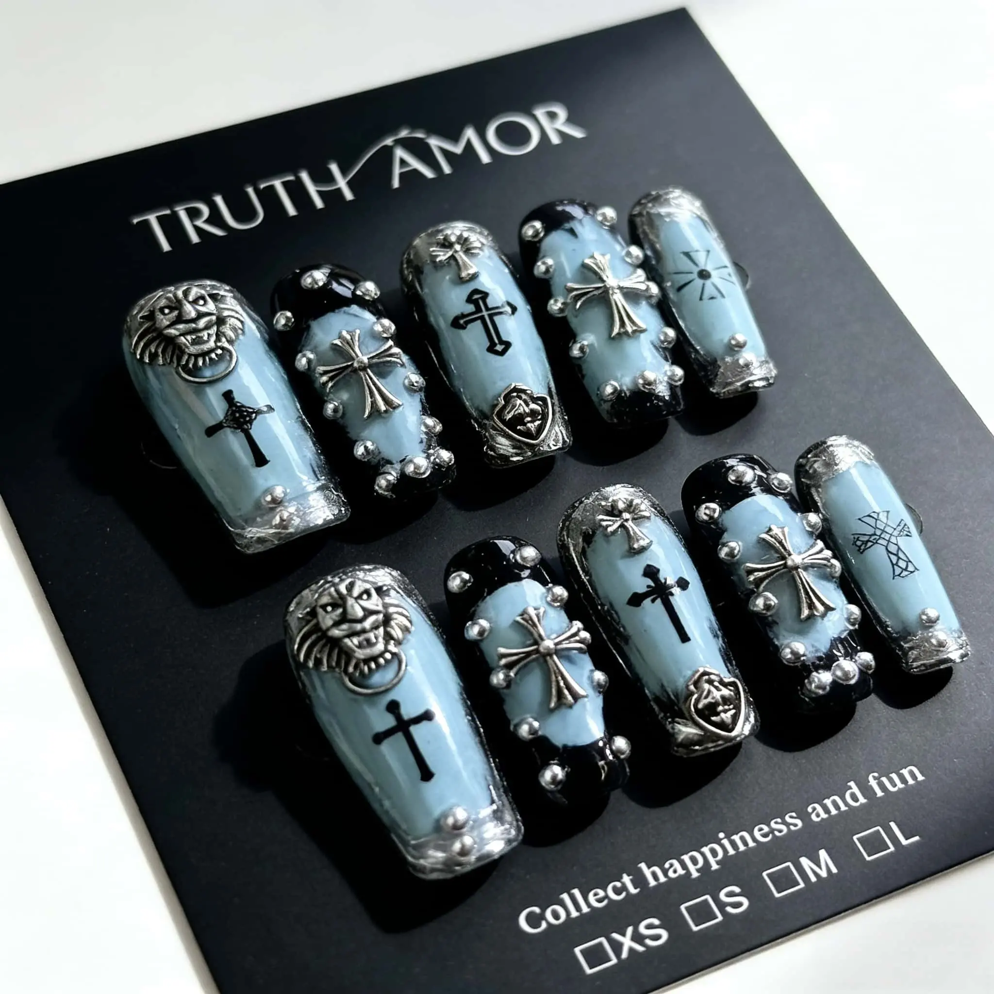 10 Pcs｜TRUTH AMOR Y2K Millennium Edgy Dark Cross Nail Stickers｜Blue - Silver Sweet - Cool Style·Reusable & Removable｜Must - have for Music Festival·Party Carnival，nail kit set，nail kit，my nail set，Bedazzled kit，Nail Art Products