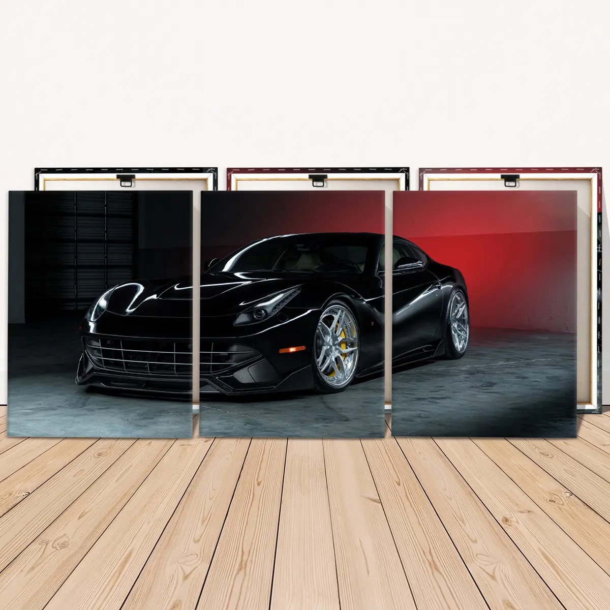 3 Counts Wooden Framed Canvas Painting, Cool Black Sports Car In Garage, Exquisite Poster, Perfect Living Room Decoration, Modern Art, Fashion Family Poster, Wall Art Decoration, Aesthetic Wall Decor, Waterproof Art, Modern Cool Design